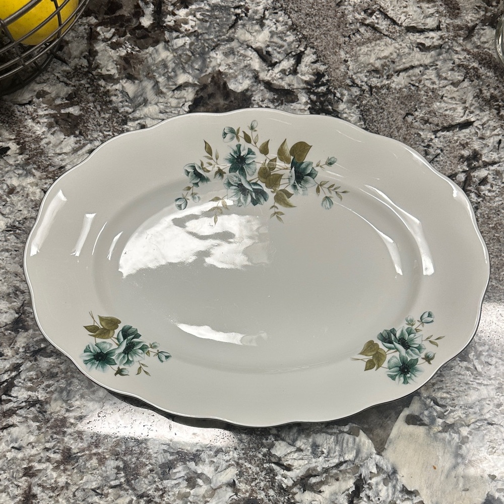 Vintage FAVOLINA Poland Teal Green Floral Scalloped Oval Serving